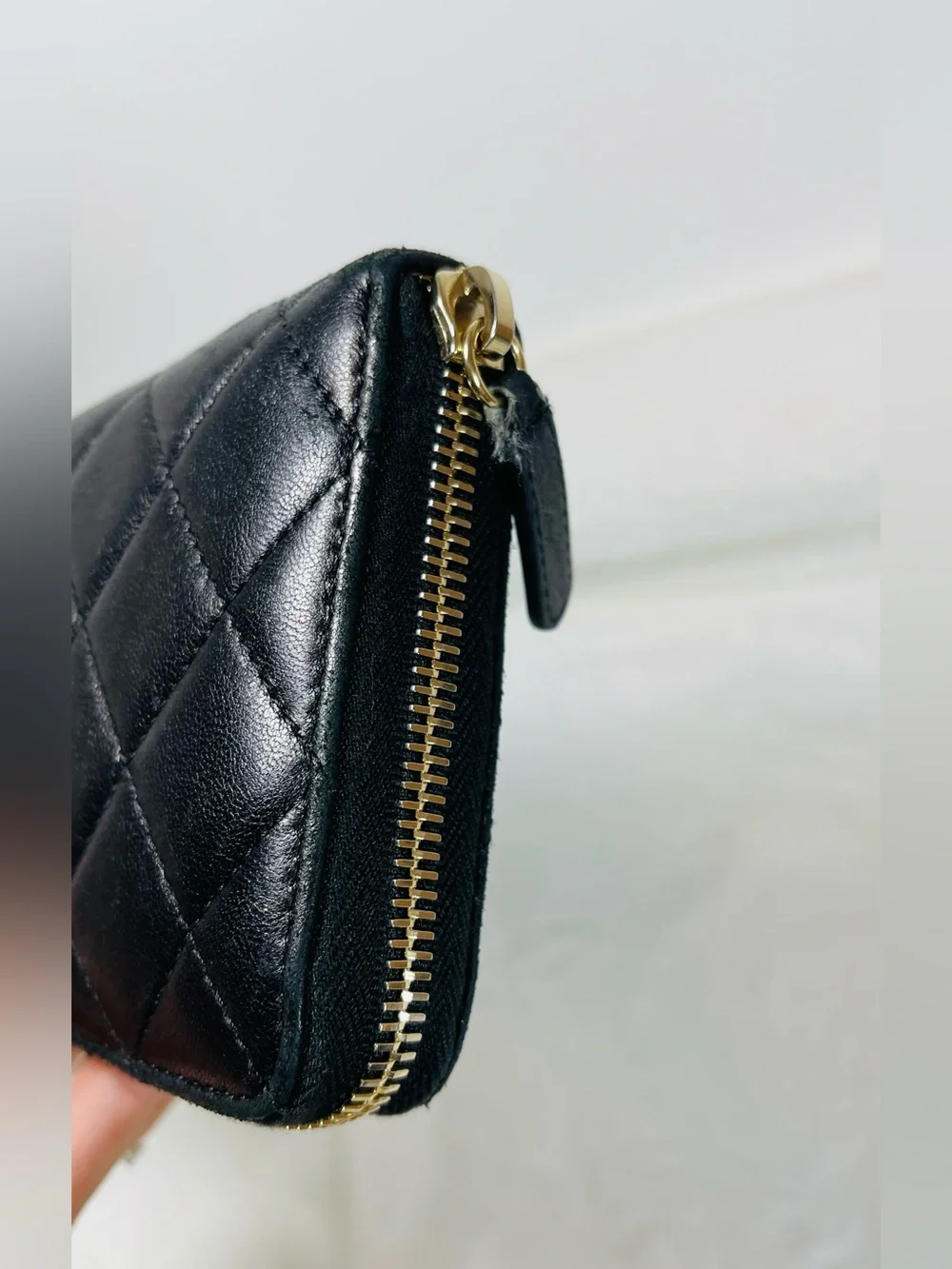 Chanel Authentic Quilted Black Leather Zip Wallet with Gold Chain Accent